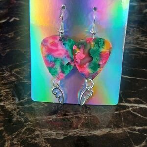 Colorful Heart Dangle Earrings with Silver Wing Charm - Multicolor